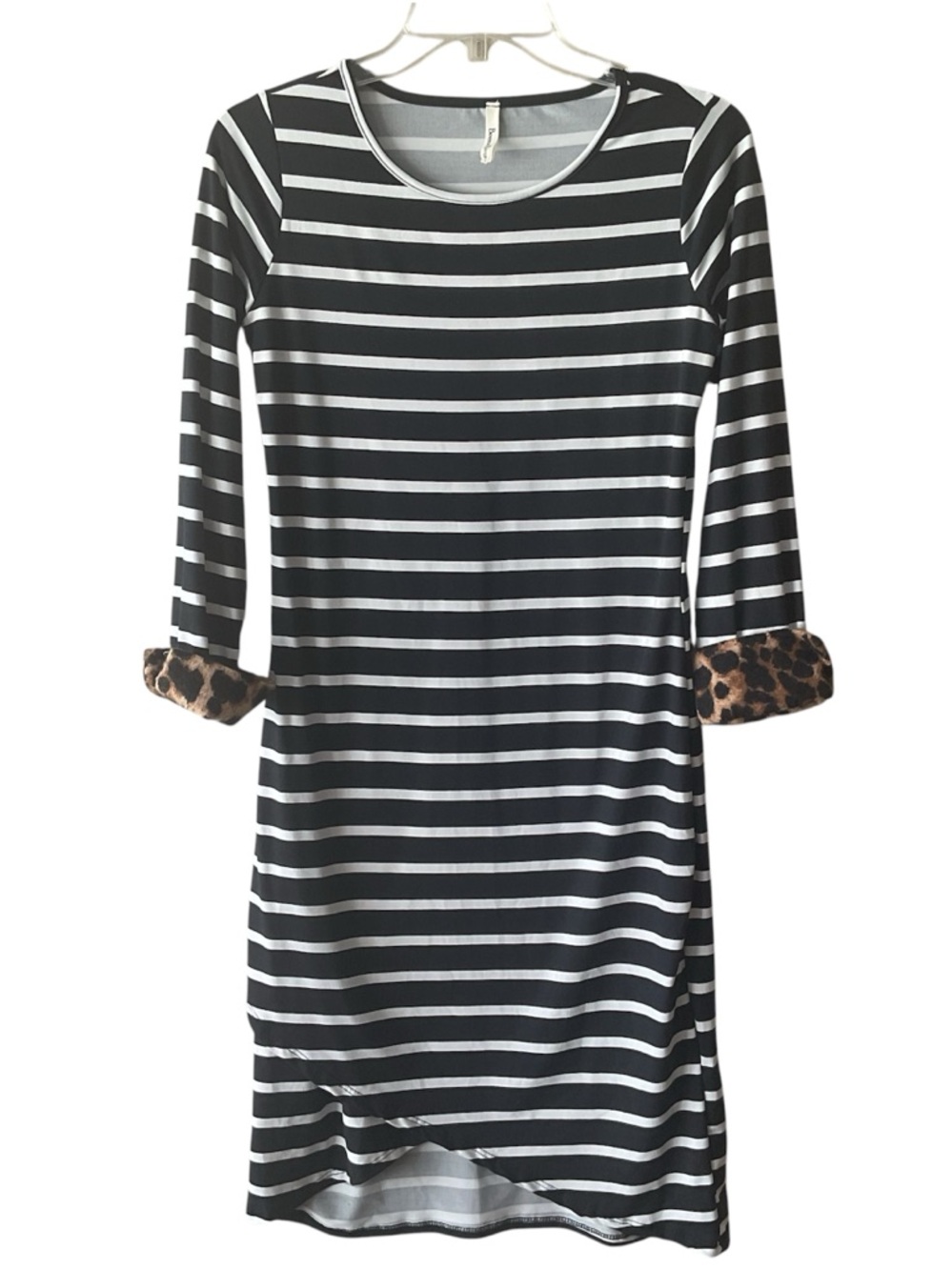 Beeson River Black & White Striped Long-Sleeve Dress with Leopard Cuff